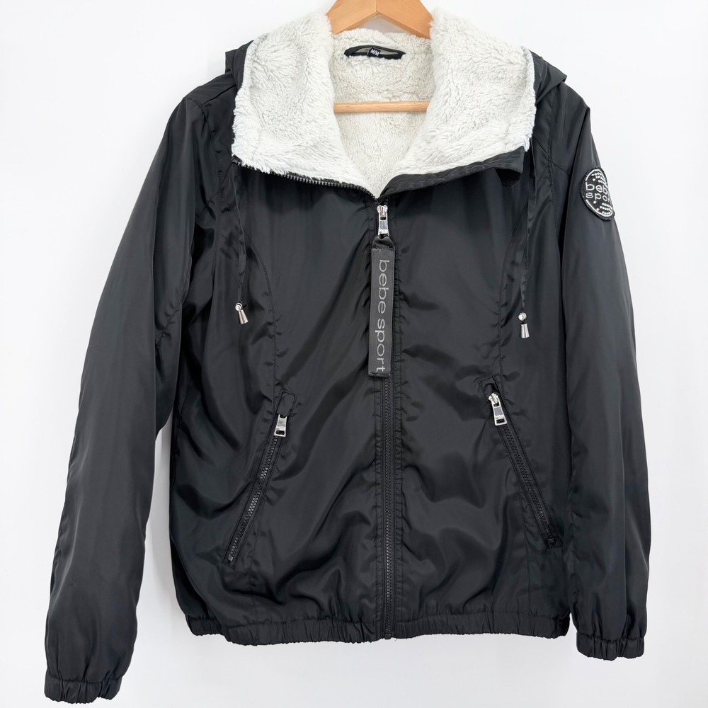 Bebe Sport Women's M Black Sherpa Lined Hooded Jacket Rhinestone Logo Y2K